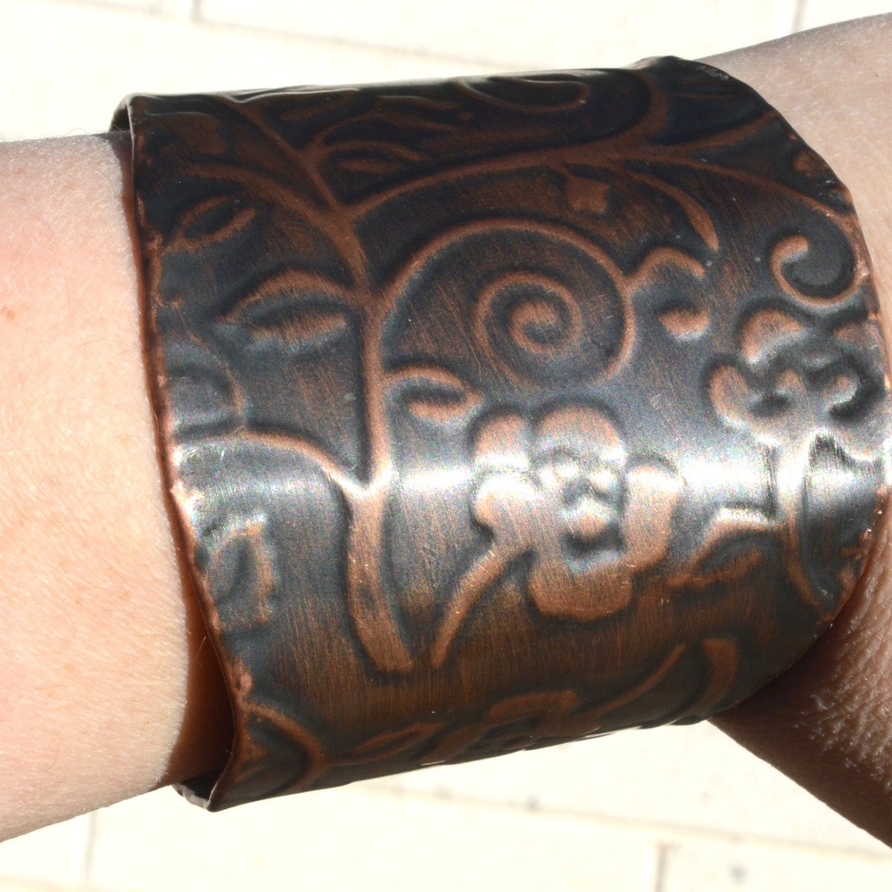 Solid Copper Patina Embossed Cuff Bracelet Floral Flowers Bohemian Handmade Boho - Picture 2 of 6